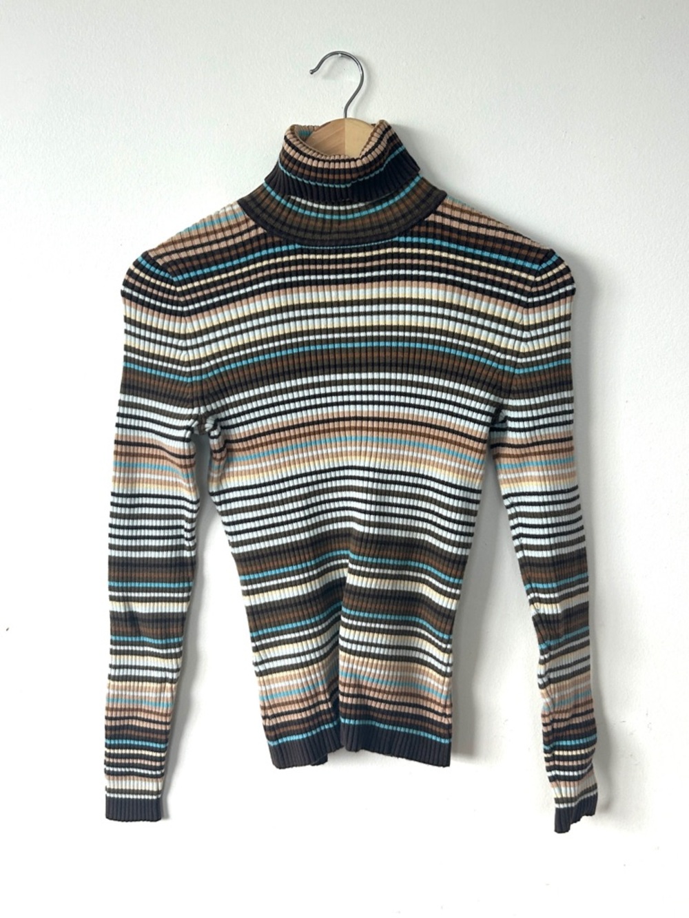 GAP Striped Ribbed Turtleneck Sweater in Brown, Cream & Teal